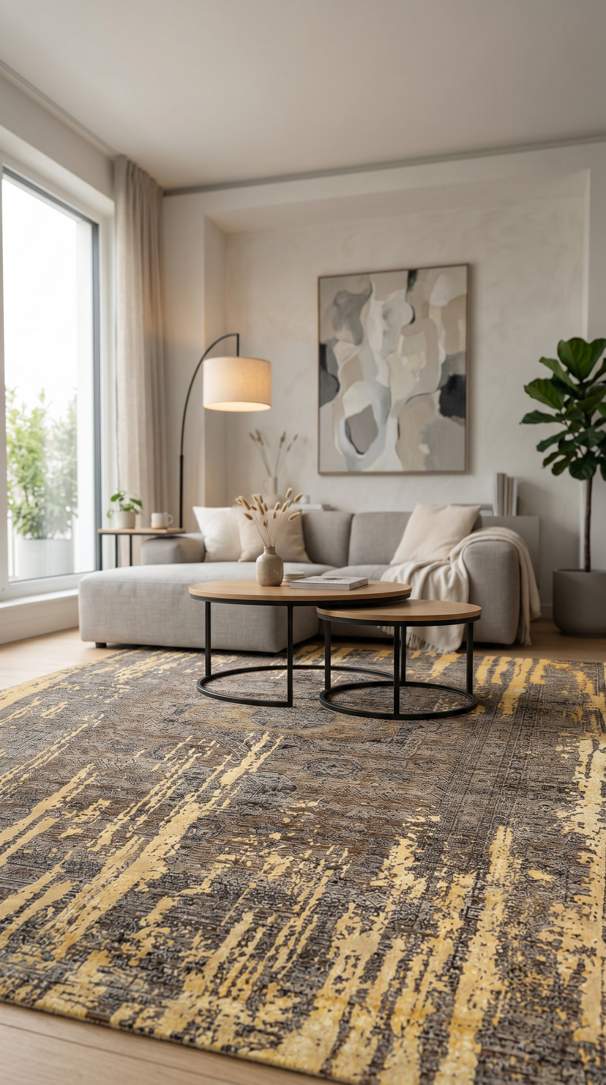 Tapis jaune doré en situation dans un salon Image