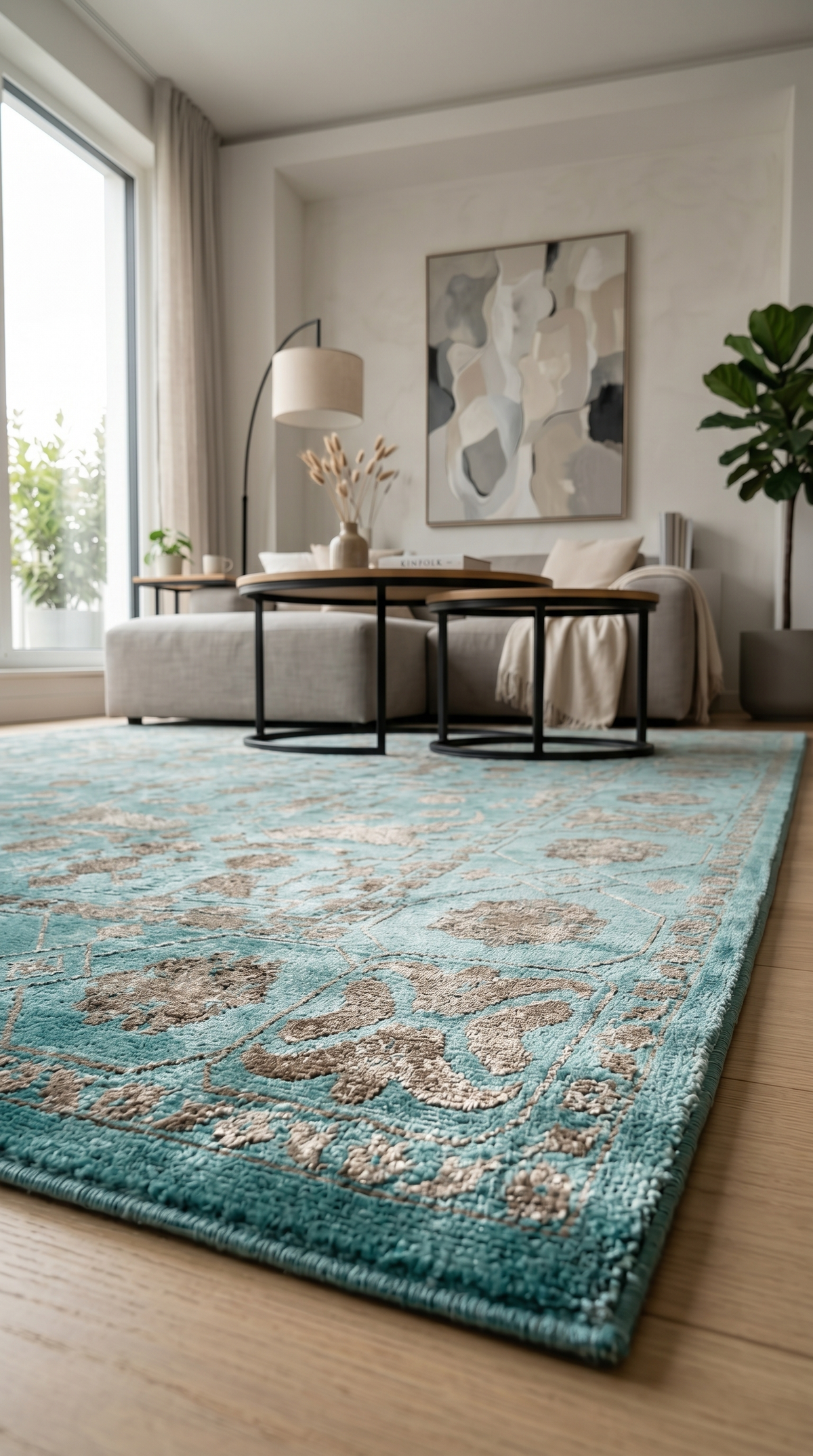 Tapis abstrait vert en situation dans un salon Image