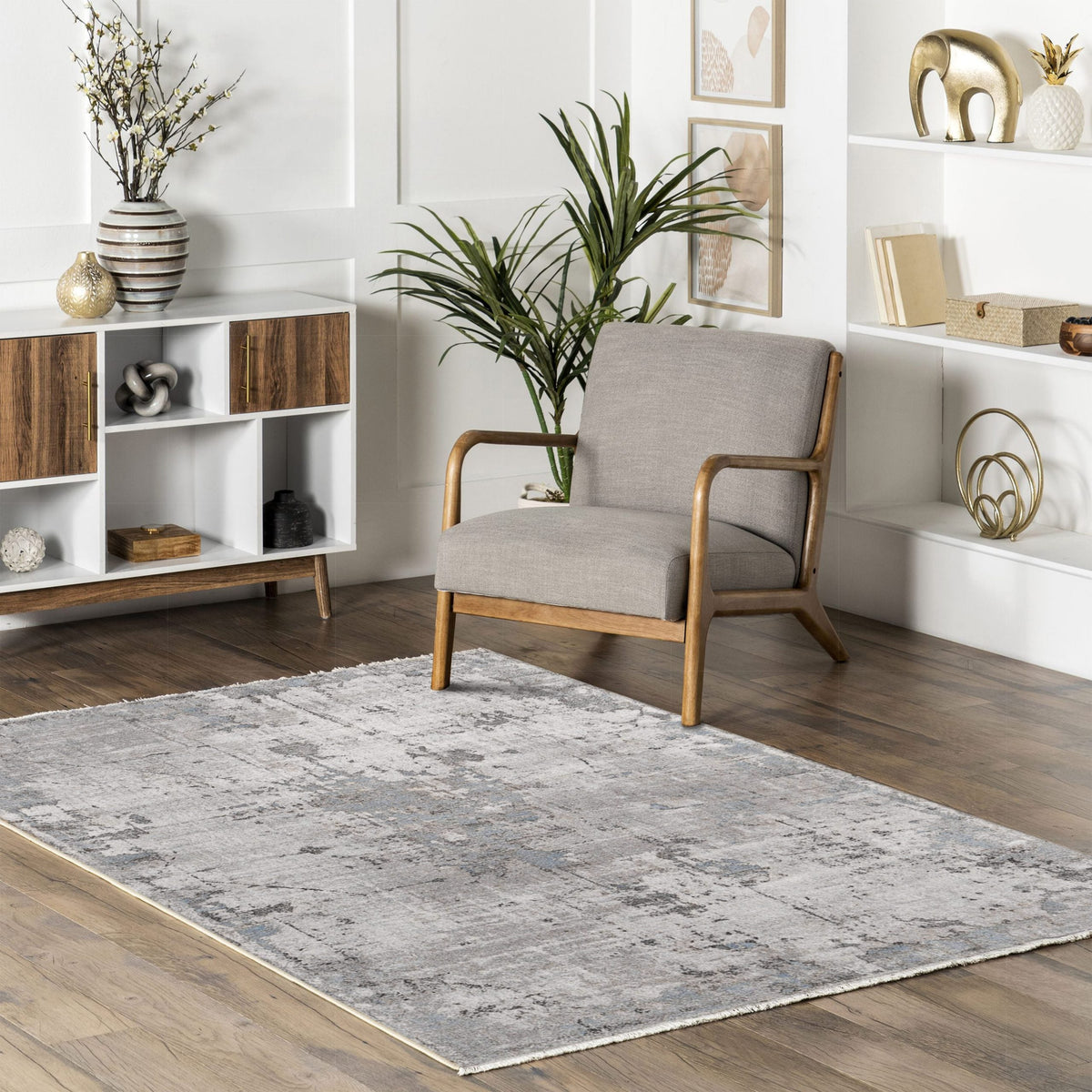 Tapis vintage gris argent et bleu marine Flavie – format couloir Image