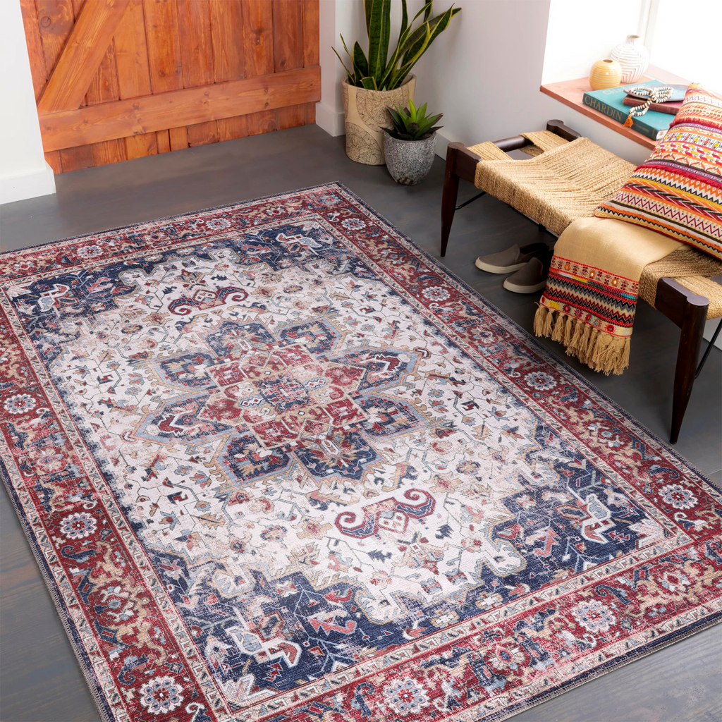 Tapis Classique Vintage Bordeaux Lavable Zola, vue principale