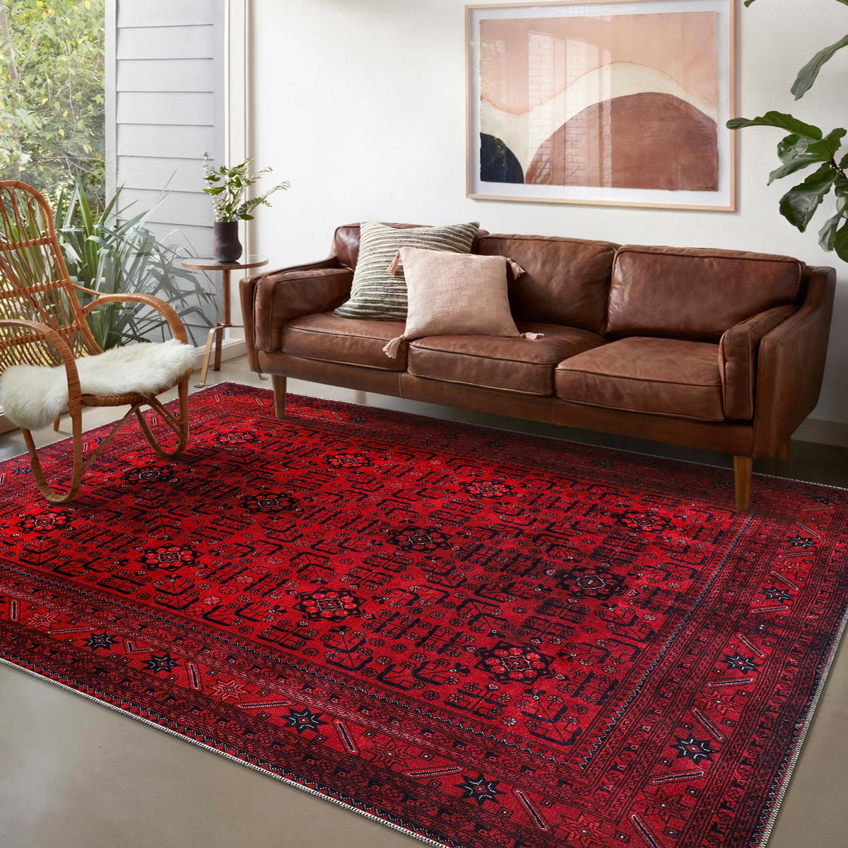Détail du motif du tapis ethnique bordeaux lavable Apolline