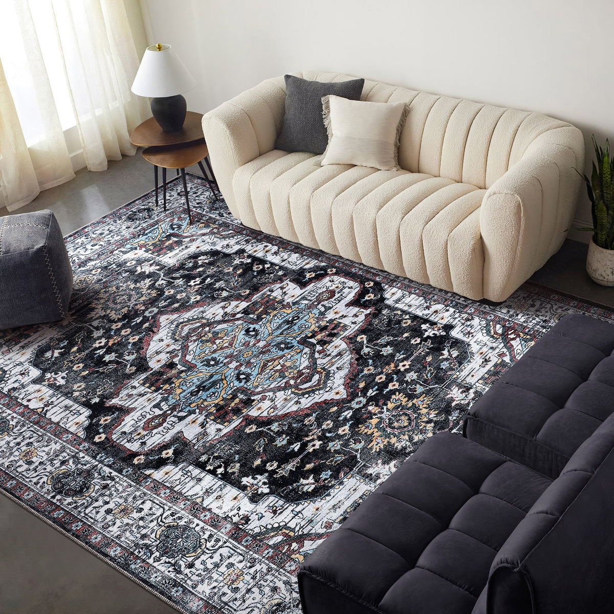 Tapis Vintage Bleu Marine Lavable Diane, vue principale