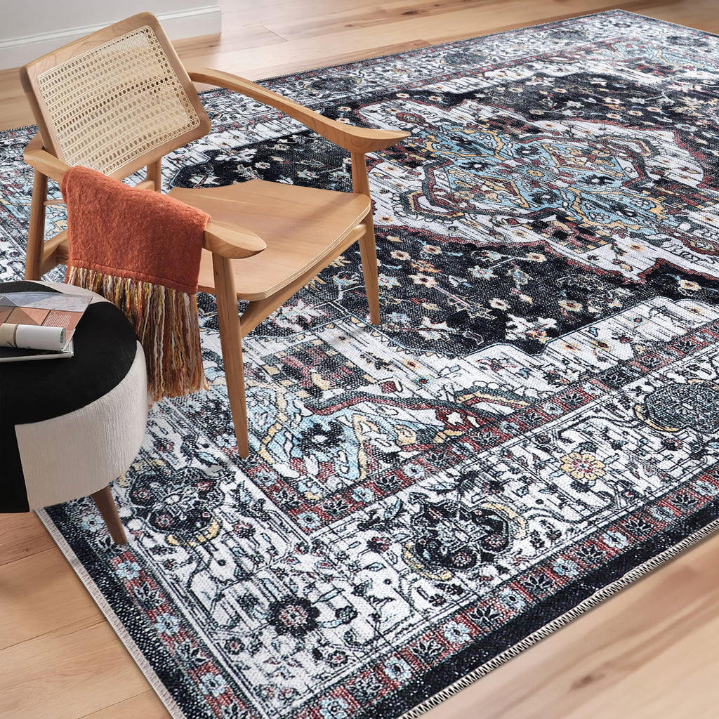 Tapis Vintage Bleu Marine Lavable Diane, vue 9