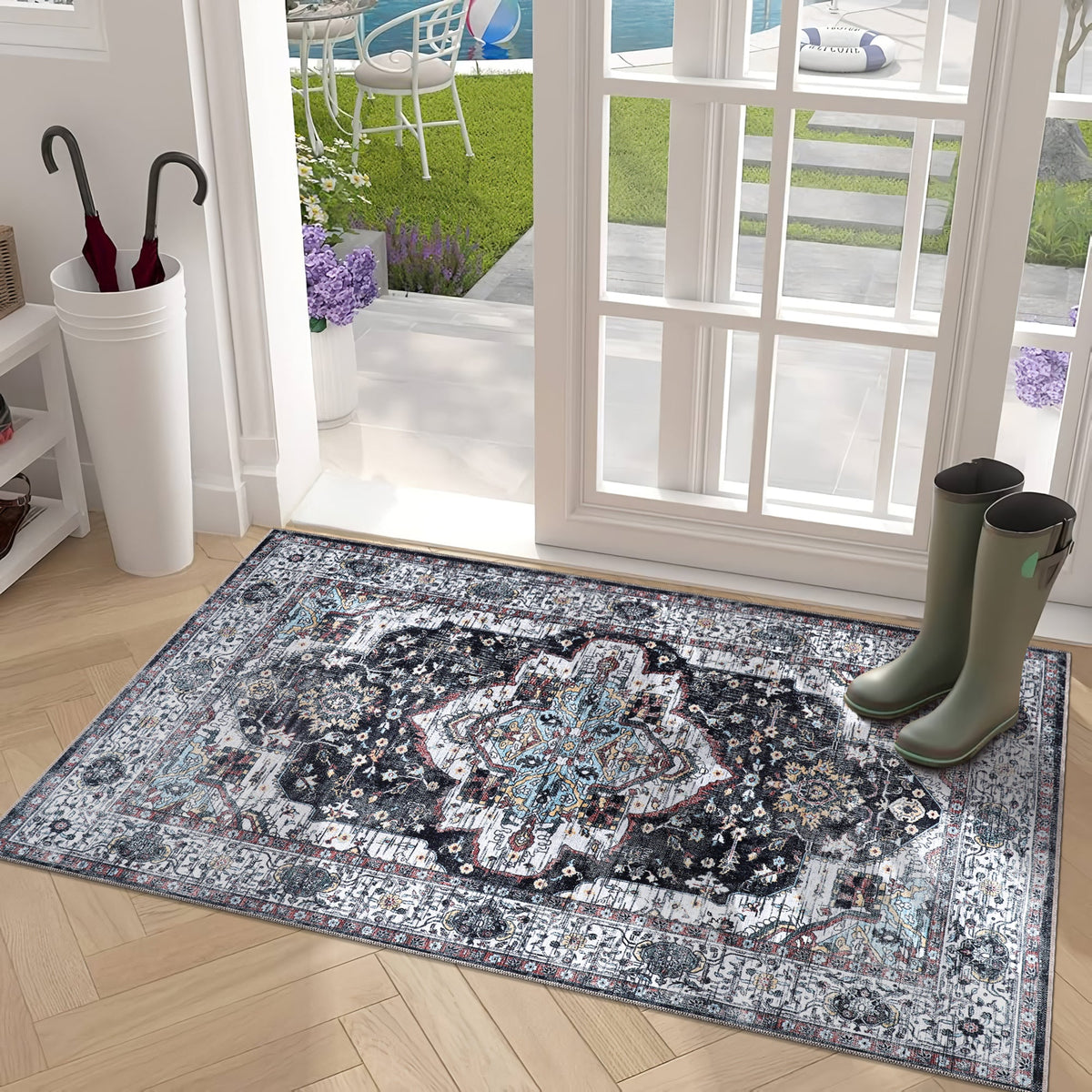 Tapis Vintage Bleu Marine Lavable Diane, vue 10