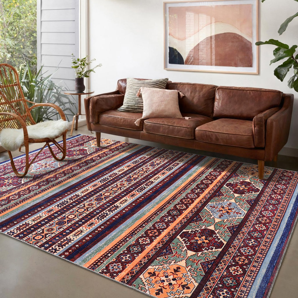 Détail du motif du tapis ethnique bordeaux lavable Victoire