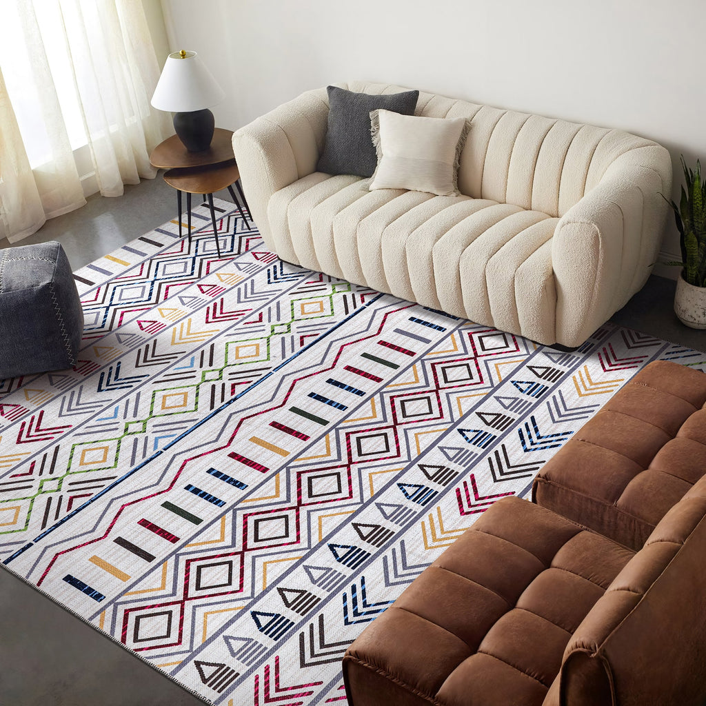 Tapis Géométrique Moderne Crème et Blanc Lavable Éléonore, vue principale