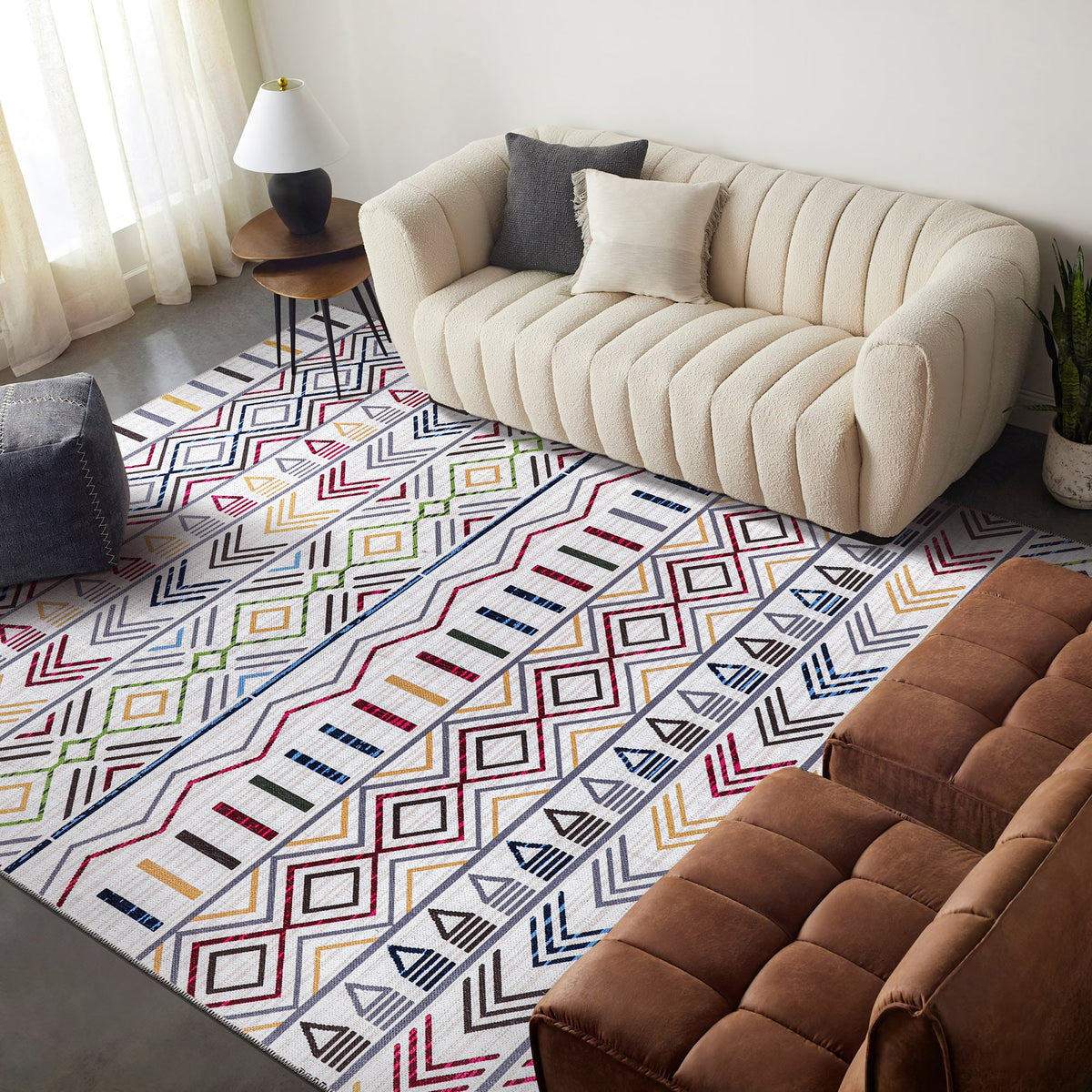 Tapis Géométrique Moderne Crème et Blanc Lavable Éléonore, vue principale