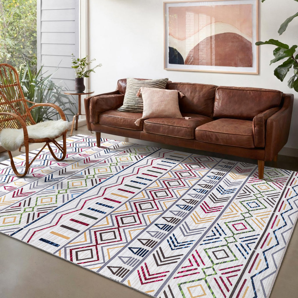 Détail du motif du tapis géométrique moderne crème et blanc lavable Éléonore