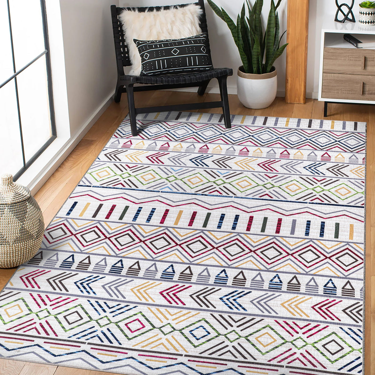 Tapis Géométrique Moderne Crème et Blanc Lavable Éléonore, vue 3