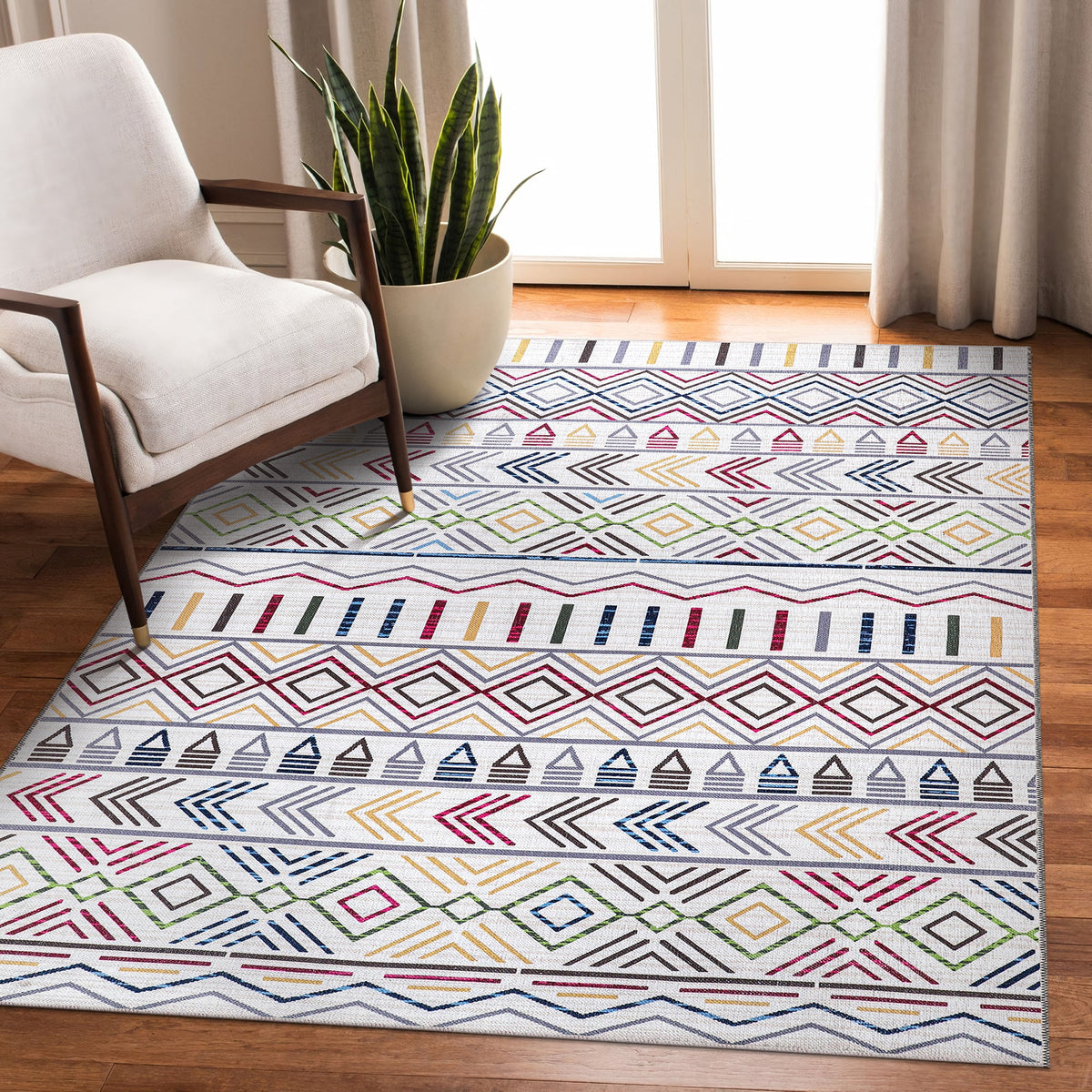 Tapis Géométrique Moderne Crème et Blanc Lavable Éléonore, vue 4