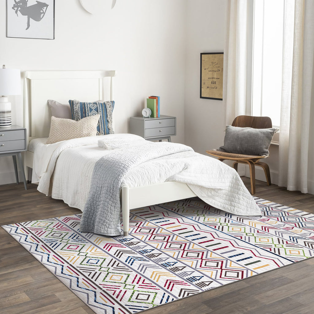 Tapis Géométrique Moderne Crème et Blanc Lavable Éléonore, vue 6