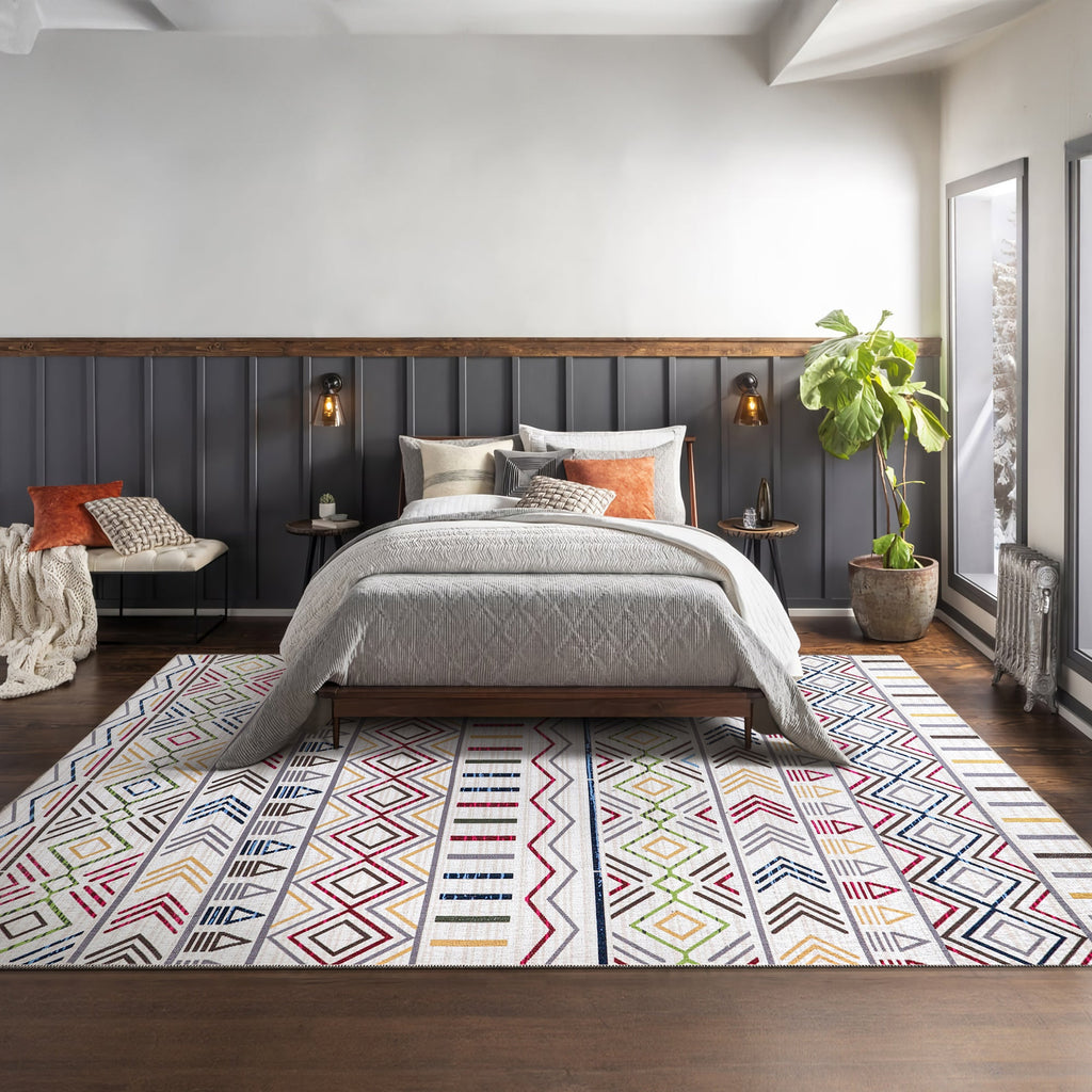 Tapis Géométrique Moderne Crème et Blanc Lavable Éléonore, vue 7
