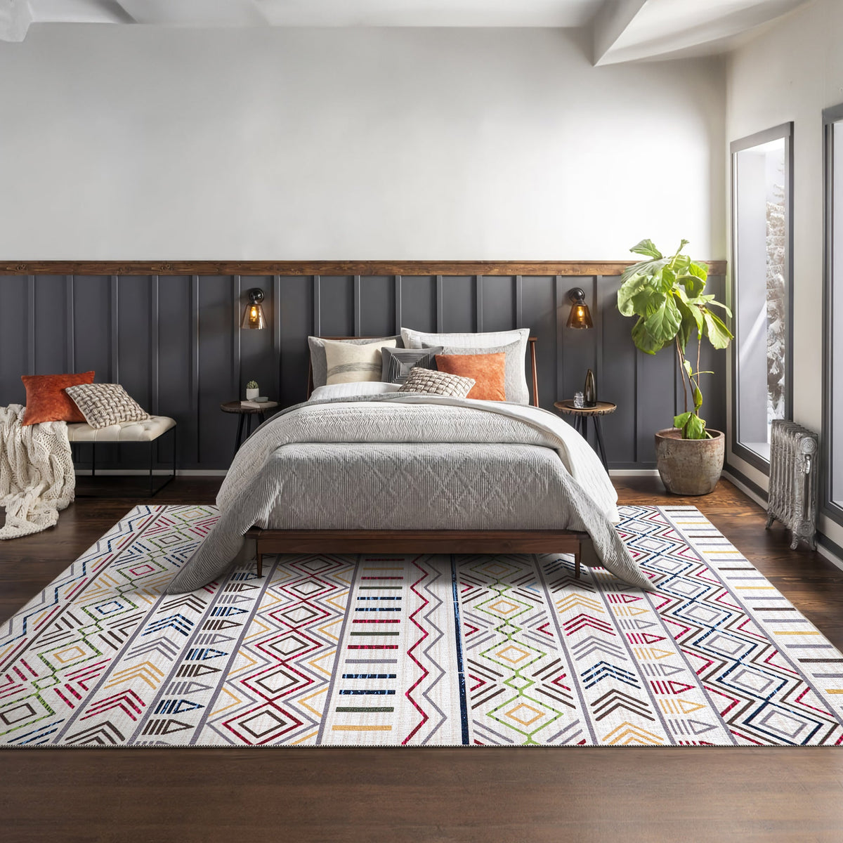 Tapis Géométrique Moderne Crème et Blanc Lavable Éléonore, vue 7
