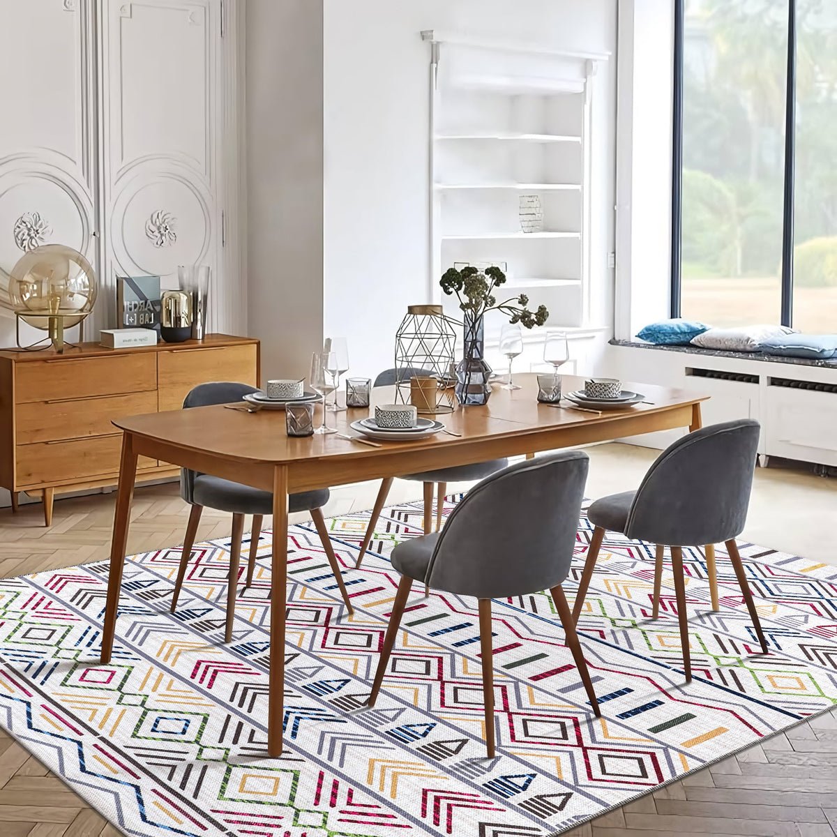 Tapis Géométrique Moderne Crème et Blanc Lavable Éléonore, vue 8