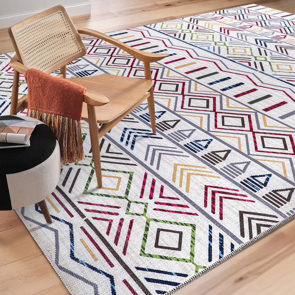 Tapis Géométrique Moderne Crème et Blanc Lavable Éléonore, vue 9