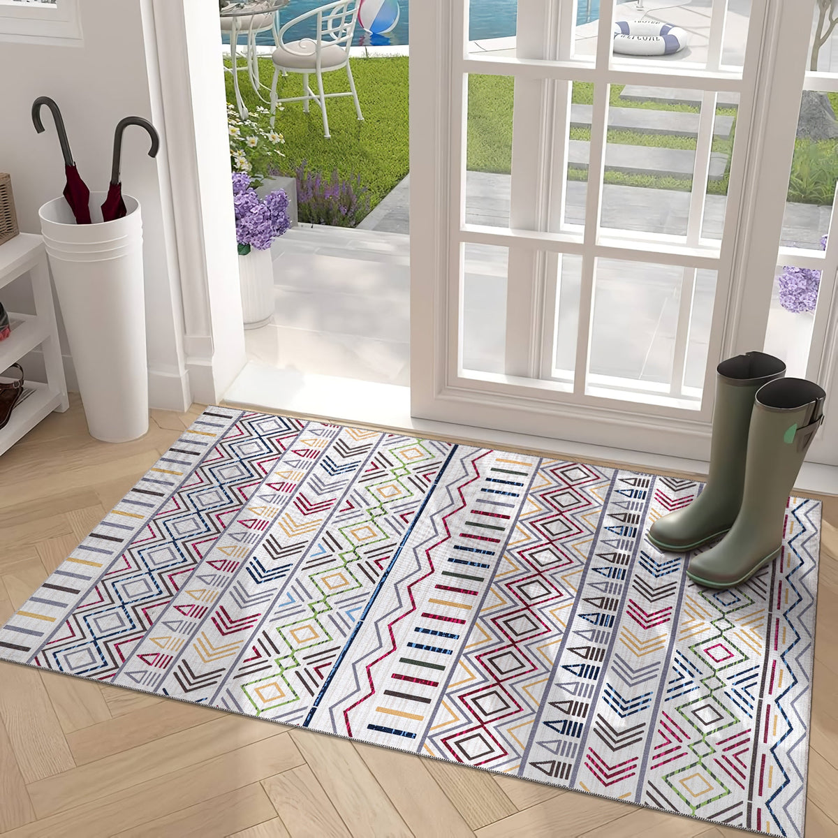 Tapis Géométrique Moderne Crème et Blanc Lavable Éléonore, vue 10