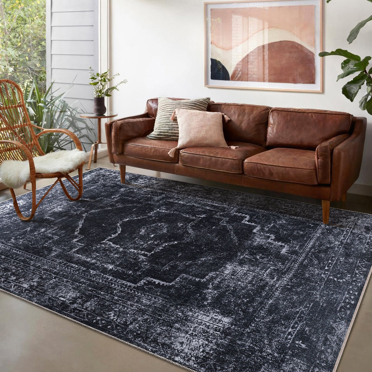 Détail du motif du tapis vintage gris lavable Basile