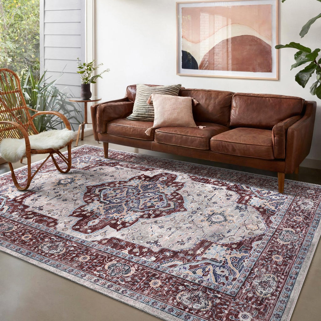 Détail du motif du tapis vintage bordeaux lavable Charlie