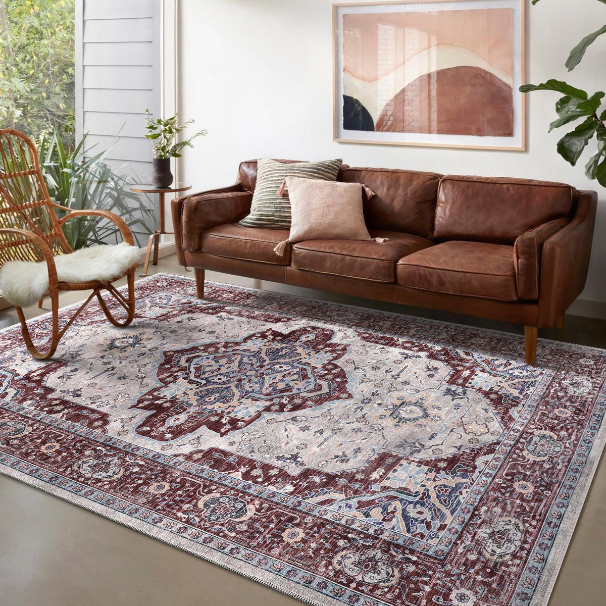 Détail du motif du tapis vintage bordeaux lavable Charlie