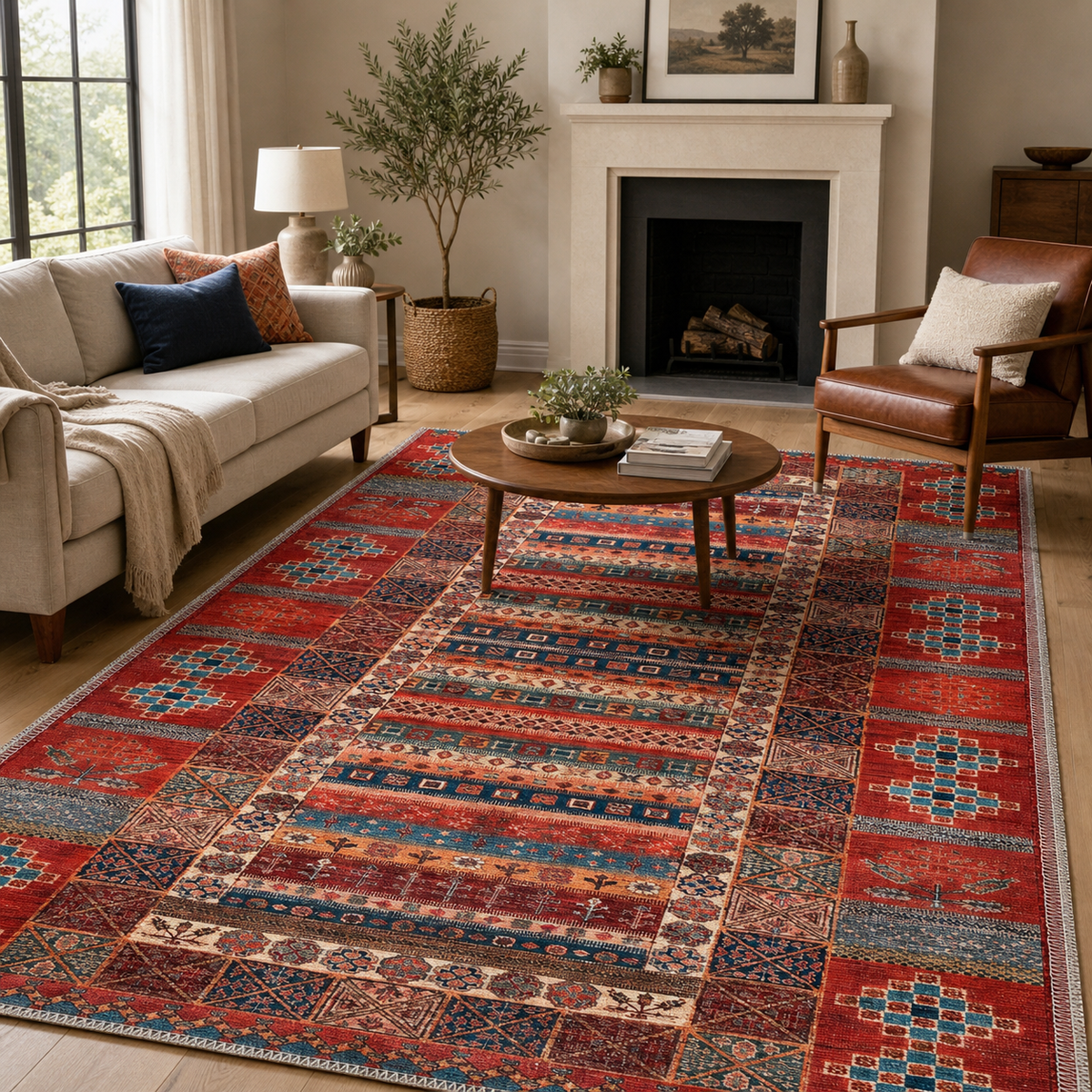 Tapis Ethnique Bordeaux Lavable Elvire, vue 4