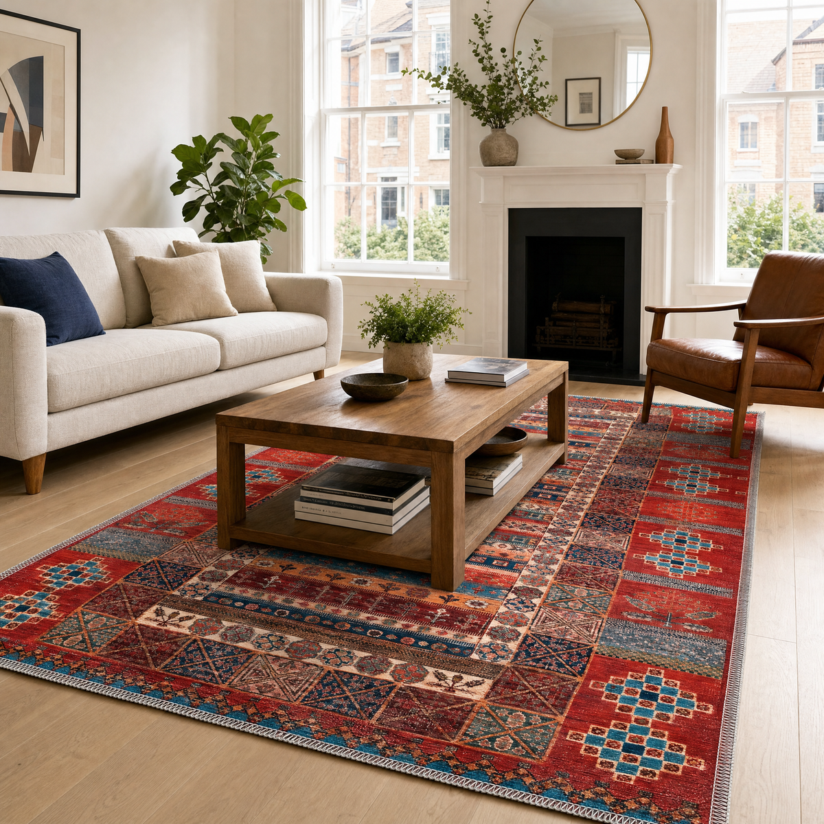 Tapis Ethnique Bordeaux Lavable Elvire, vue principale