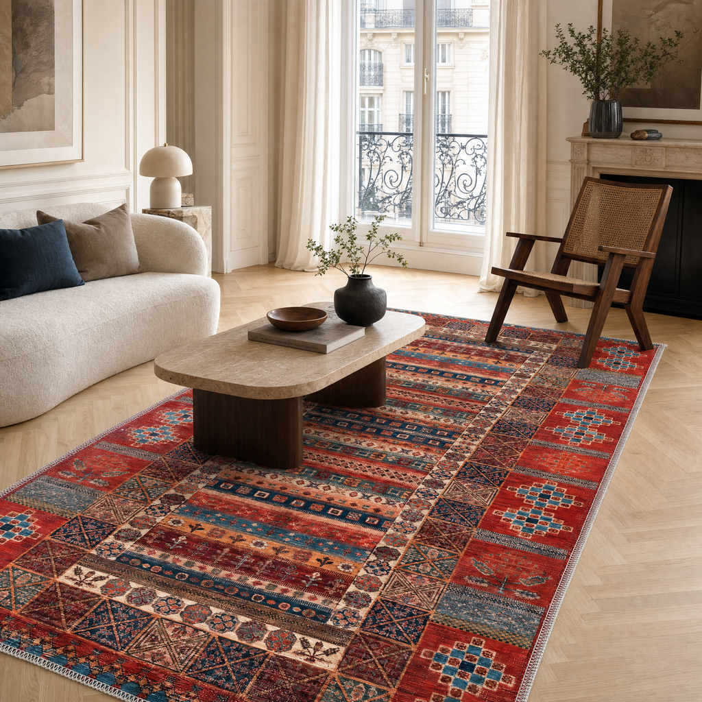 Détail du motif du tapis ethnique bordeaux lavable Elvire