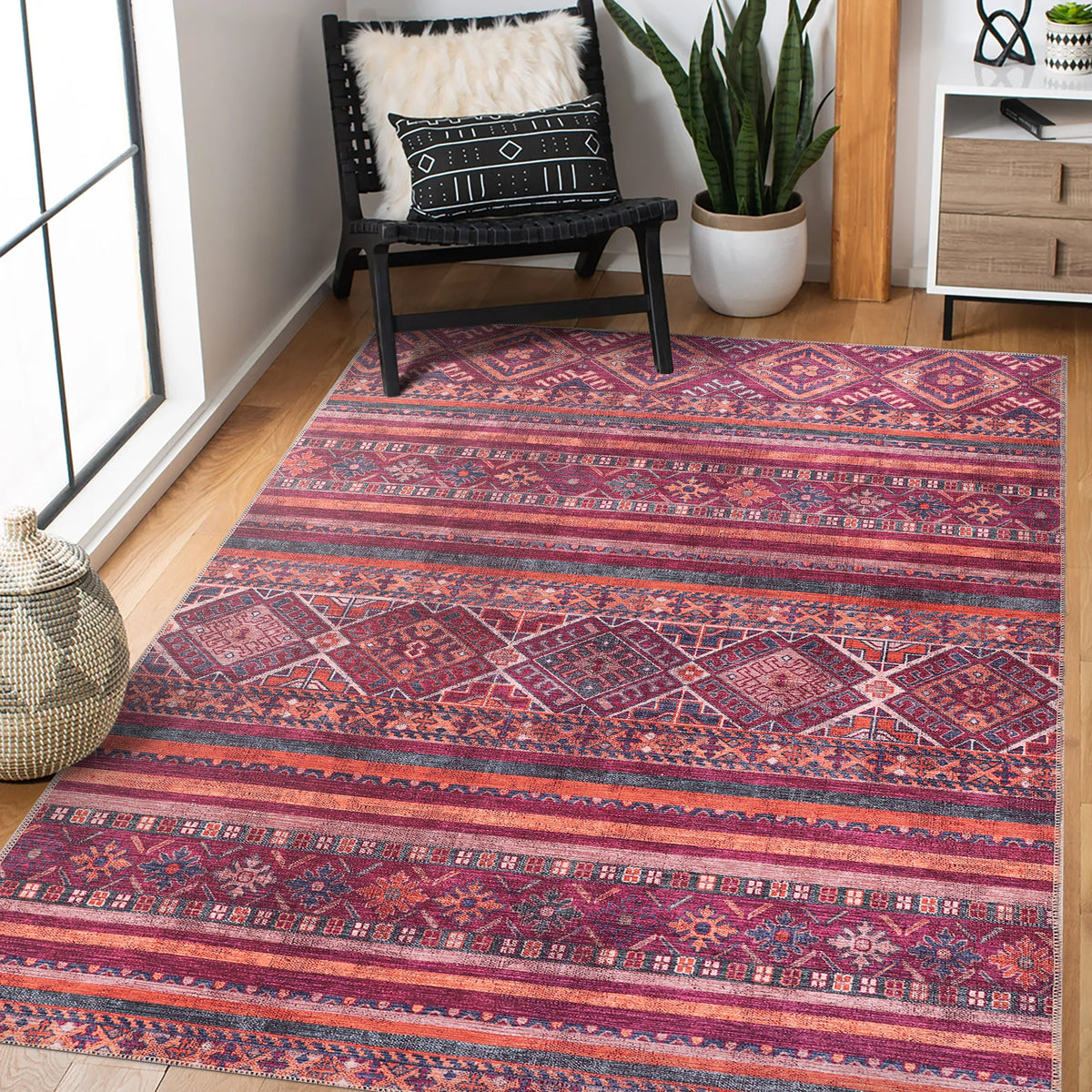 Tapis Ethnique Vintage Bordeaux Lavable Maël, vue 10