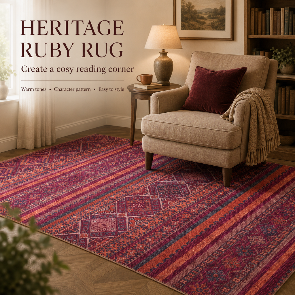 Détail du motif du tapis ethnique bordeaux lavable Faustine