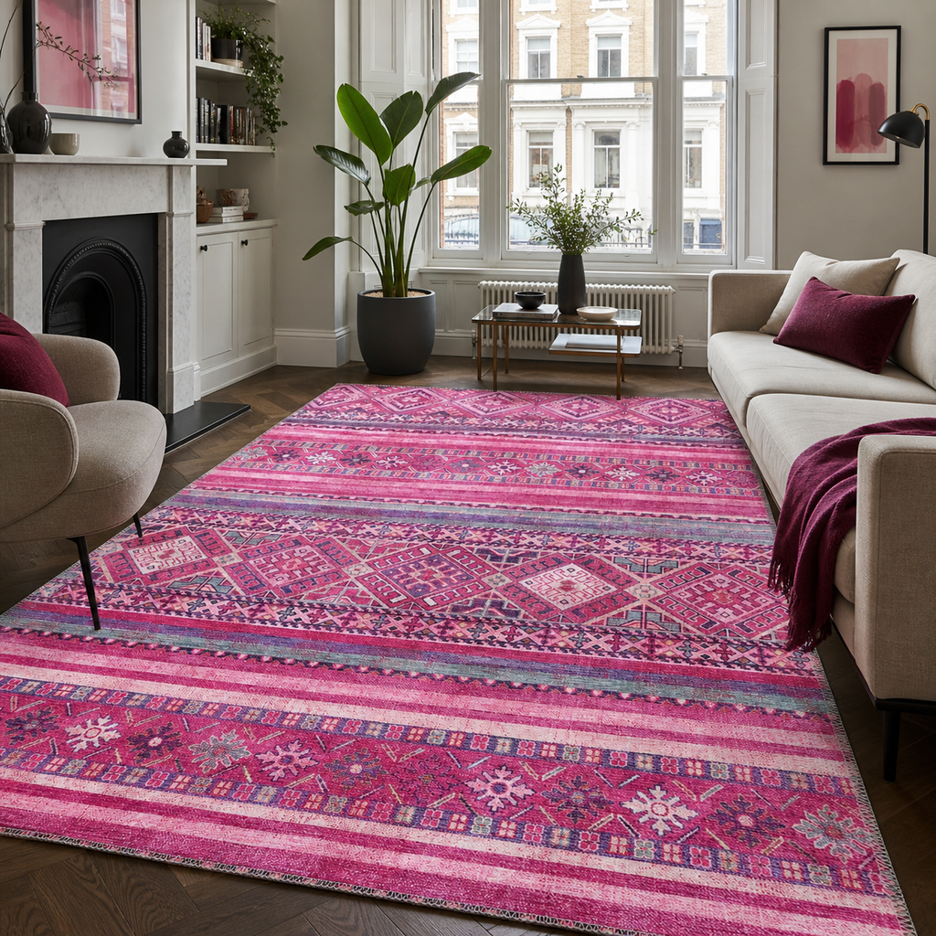 Tapis Ethnique Bleu Marine Lavable Nolia, vue principale