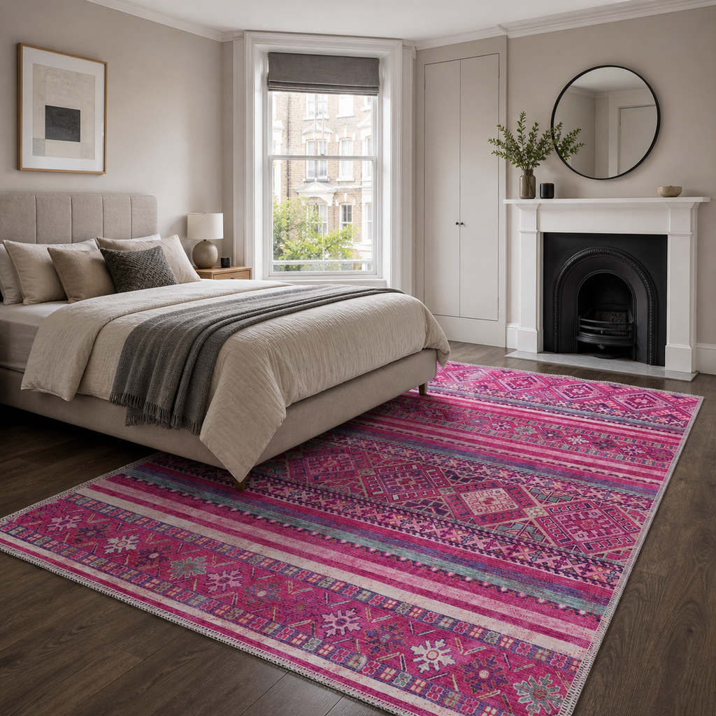 Détail du motif du tapis ethnique bleu marine lavable Nolia