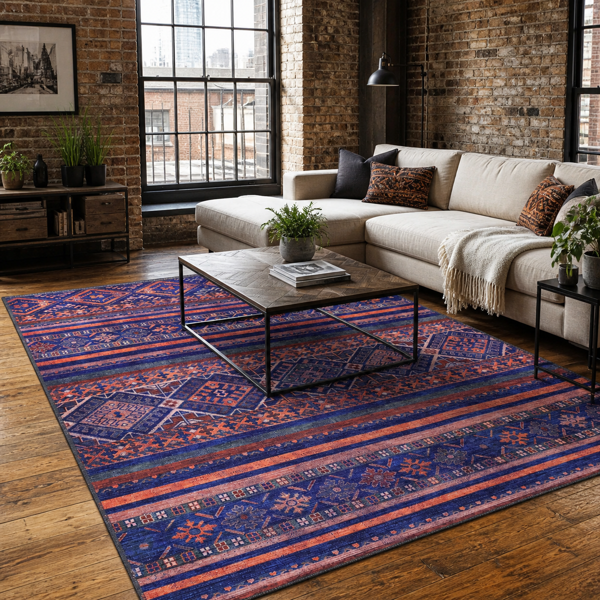 Tapis Ethnique Bleu Marine Lavable Danaé, vue principale