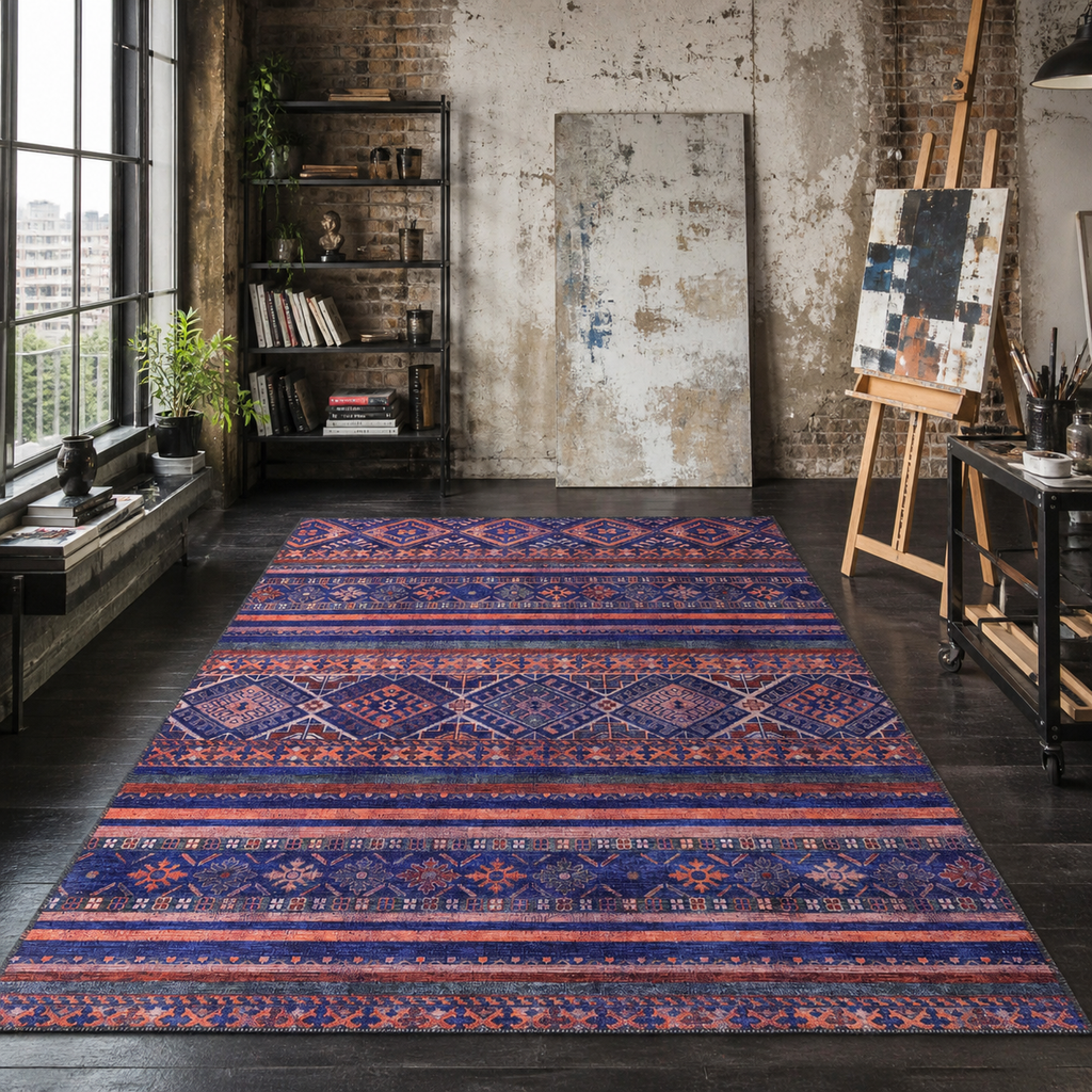 Tapis Ethnique Bleu Marine Lavable Danaé, vue 3