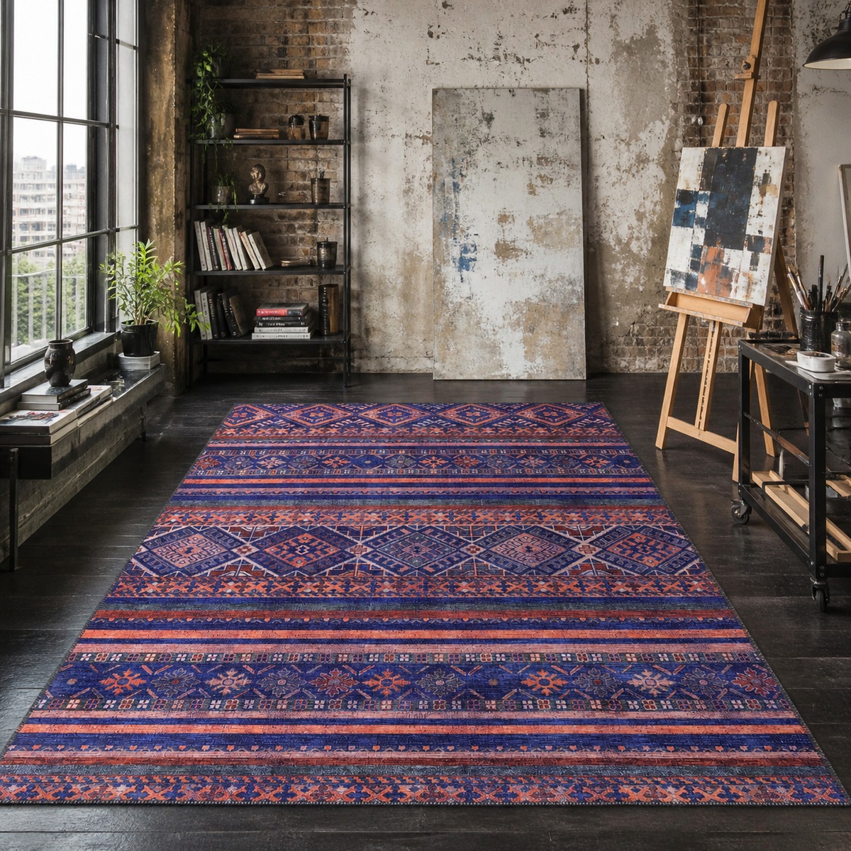 Tapis Ethnique Bleu Marine Lavable Danaé, vue 3