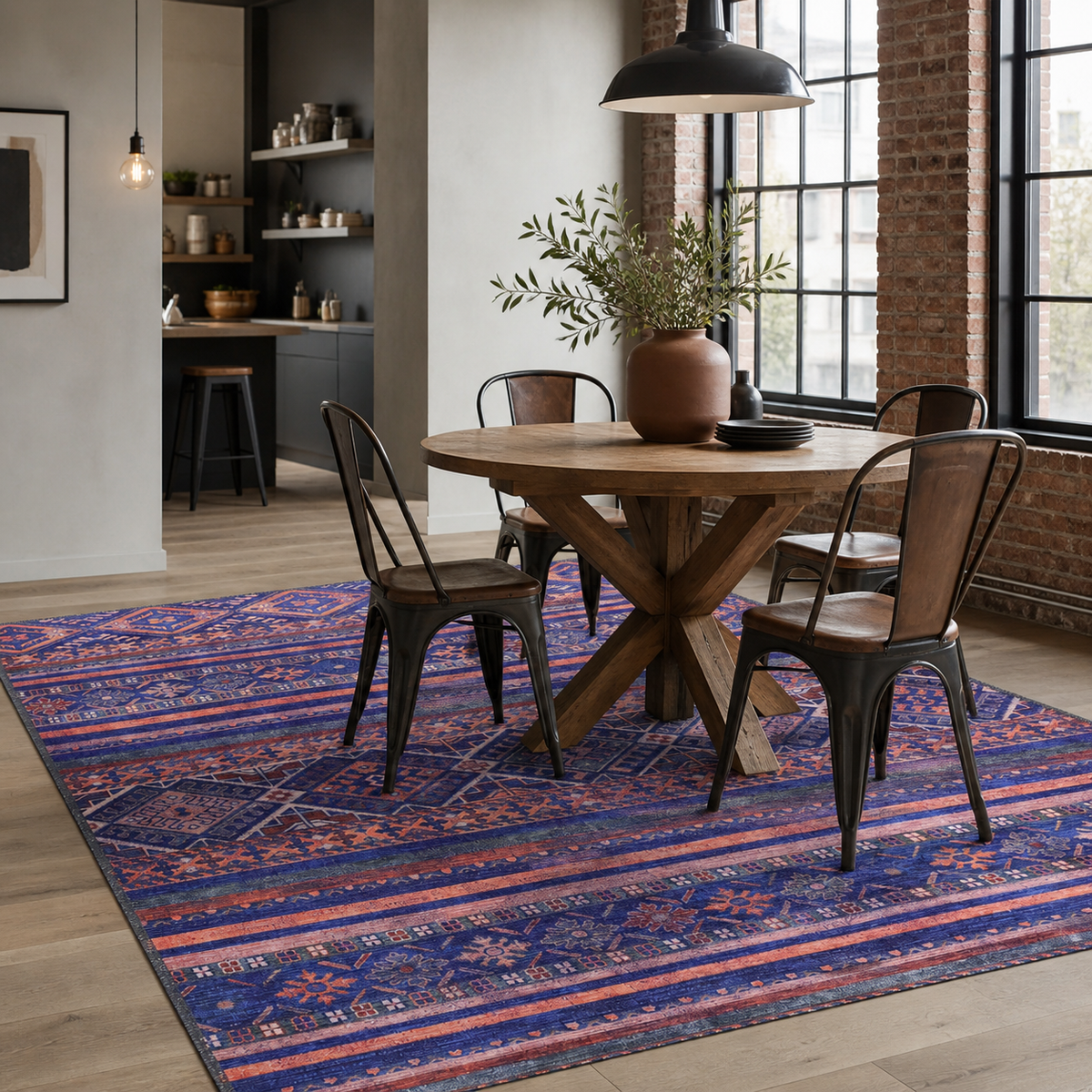 Tapis Ethnique Bleu Marine Lavable Danaé, vue 5