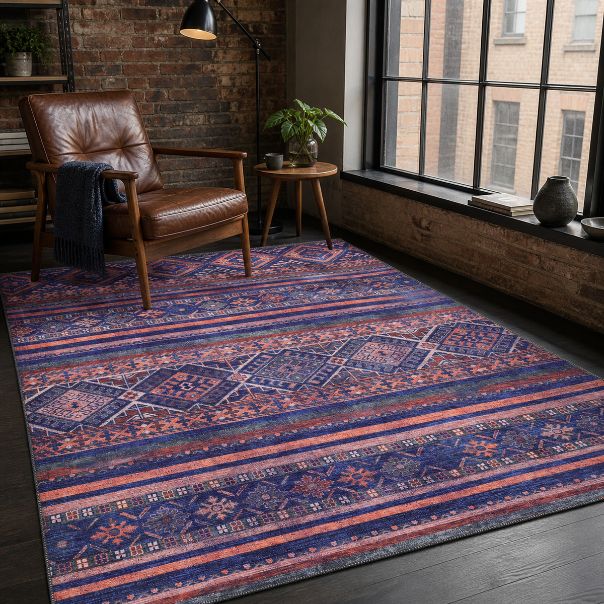 Tapis Ethnique Bleu Marine Lavable Danaé, vue 6