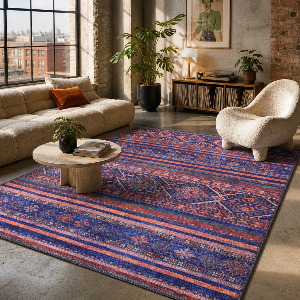 Tapis Ethnique Bleu Marine Lavable Danaé, vue 8