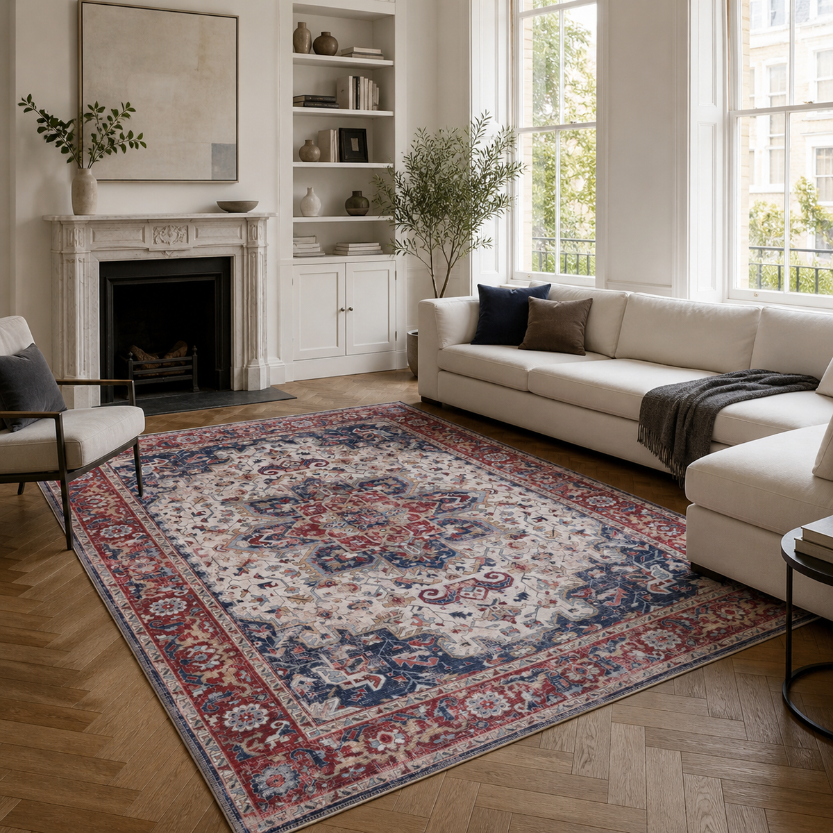 Détail du motif du tapis vintage gris lavable Clara