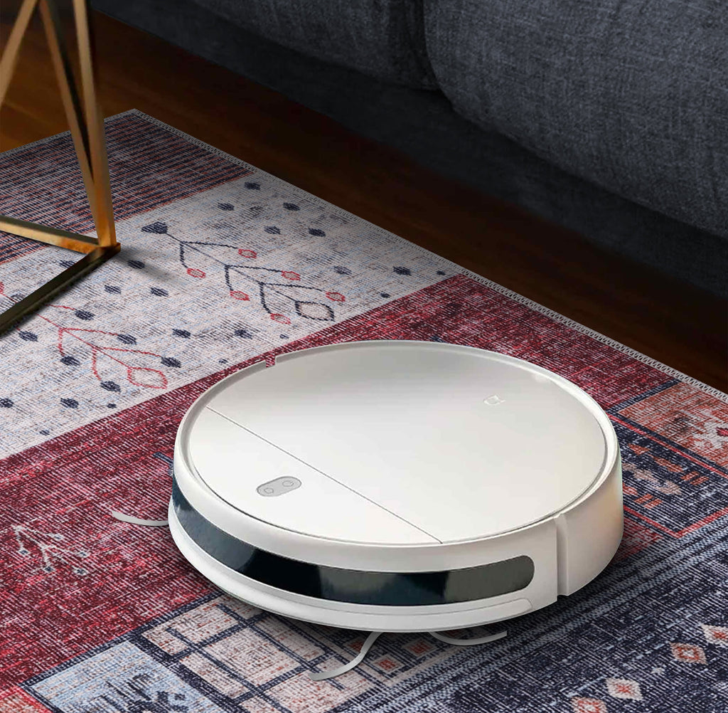 Détail du motif du tapis abstrait bleu marine lavable Chloé
