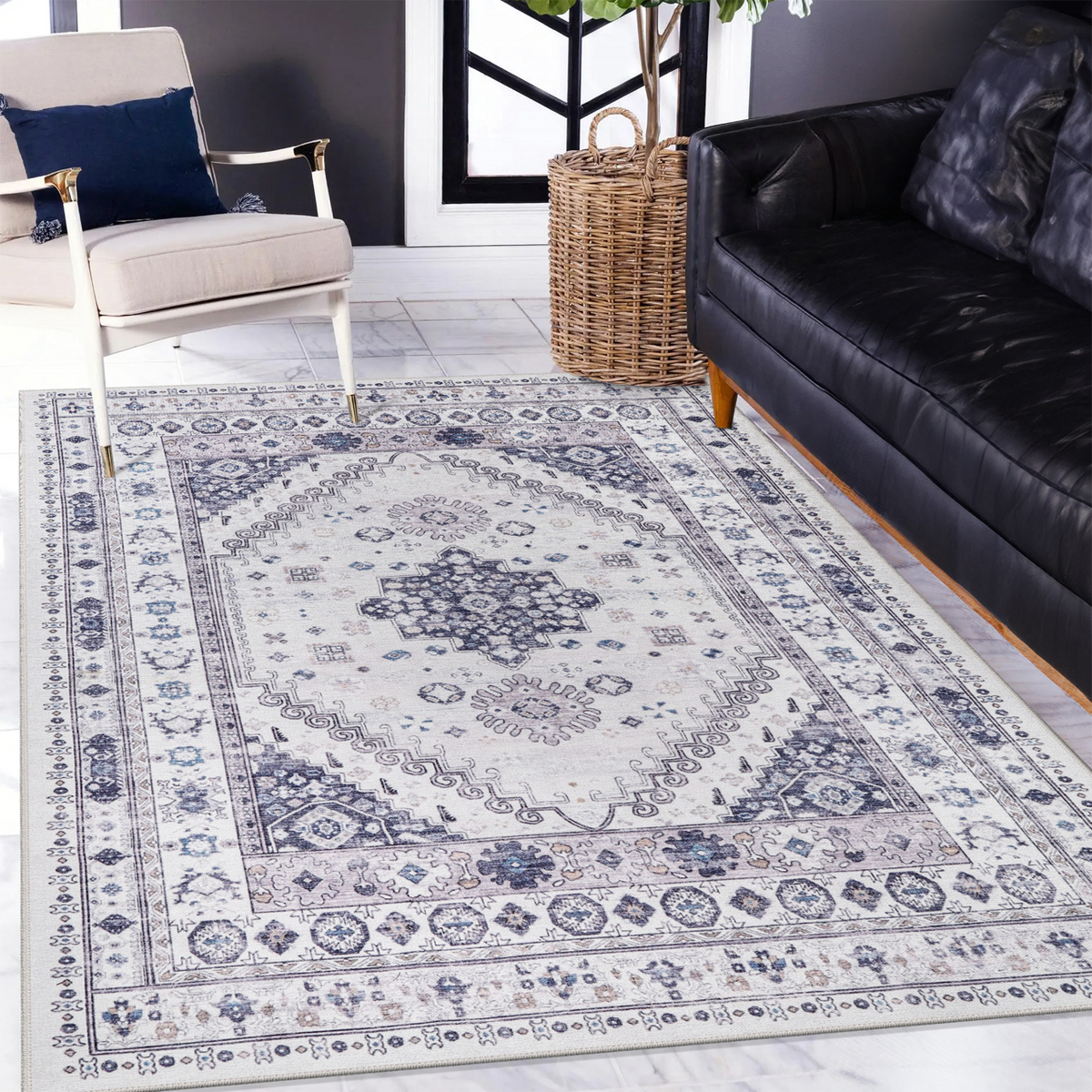 Tapis Ethnique Crème et Blanc Lavable Romy, vue principale