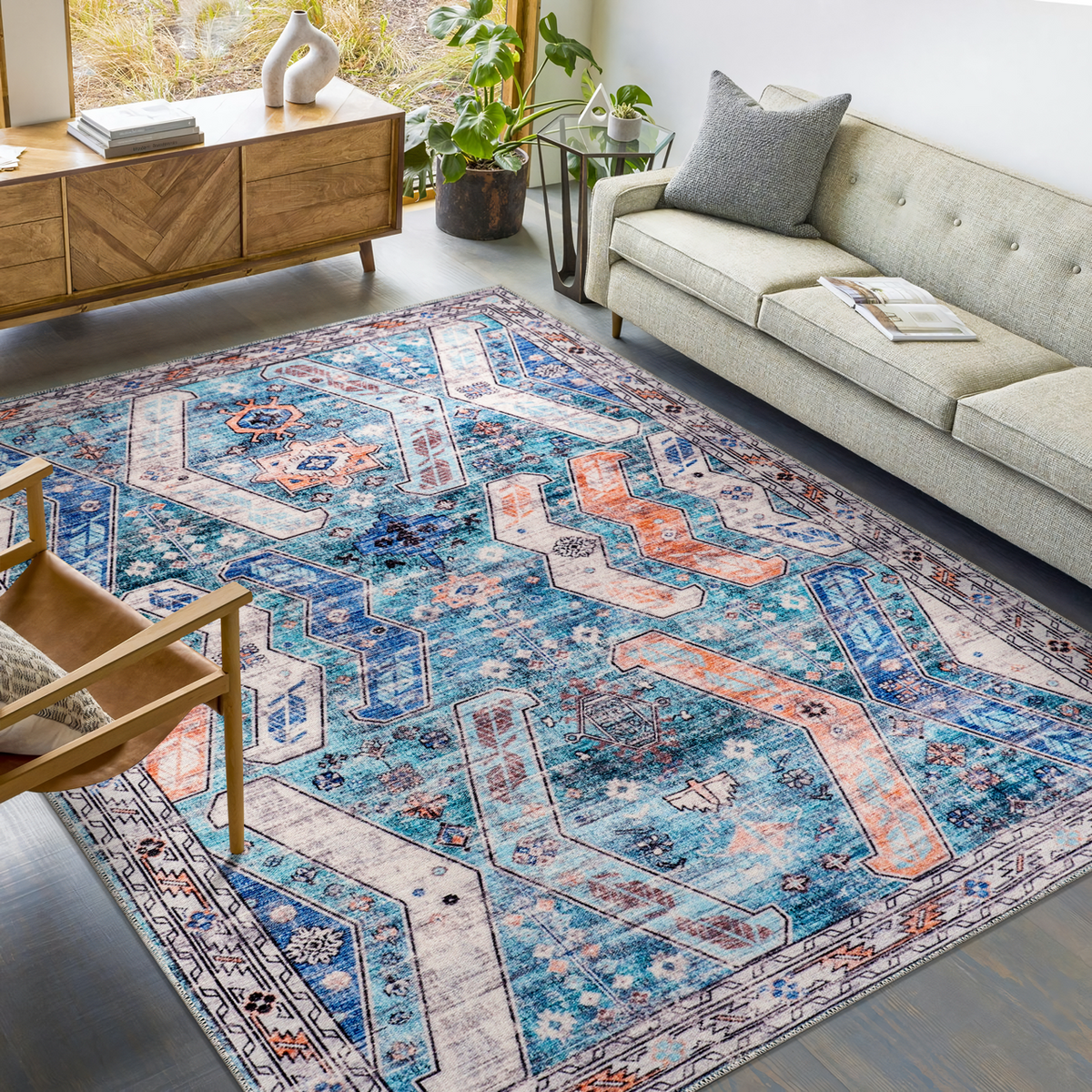 Tapis Ethnique Crème et Blanc Lavable Nora, vue principale