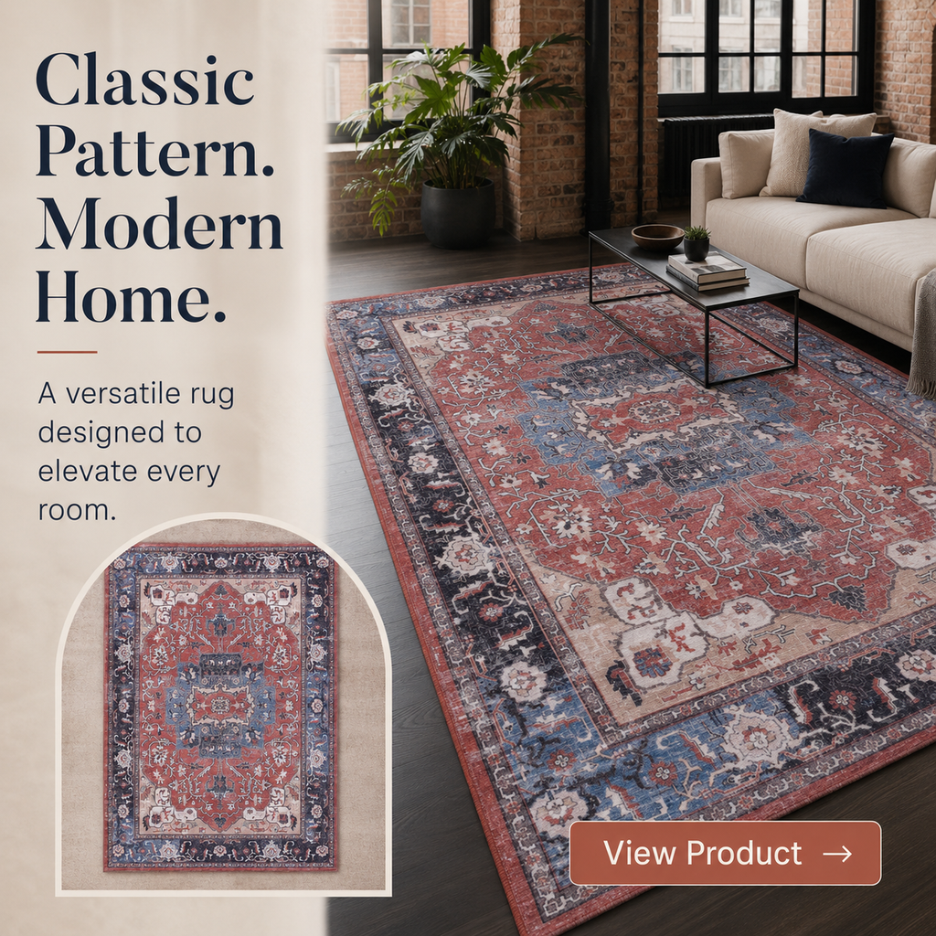 Tapis Géométrique Vintage Bordeaux Lavable Hermine, vue principale