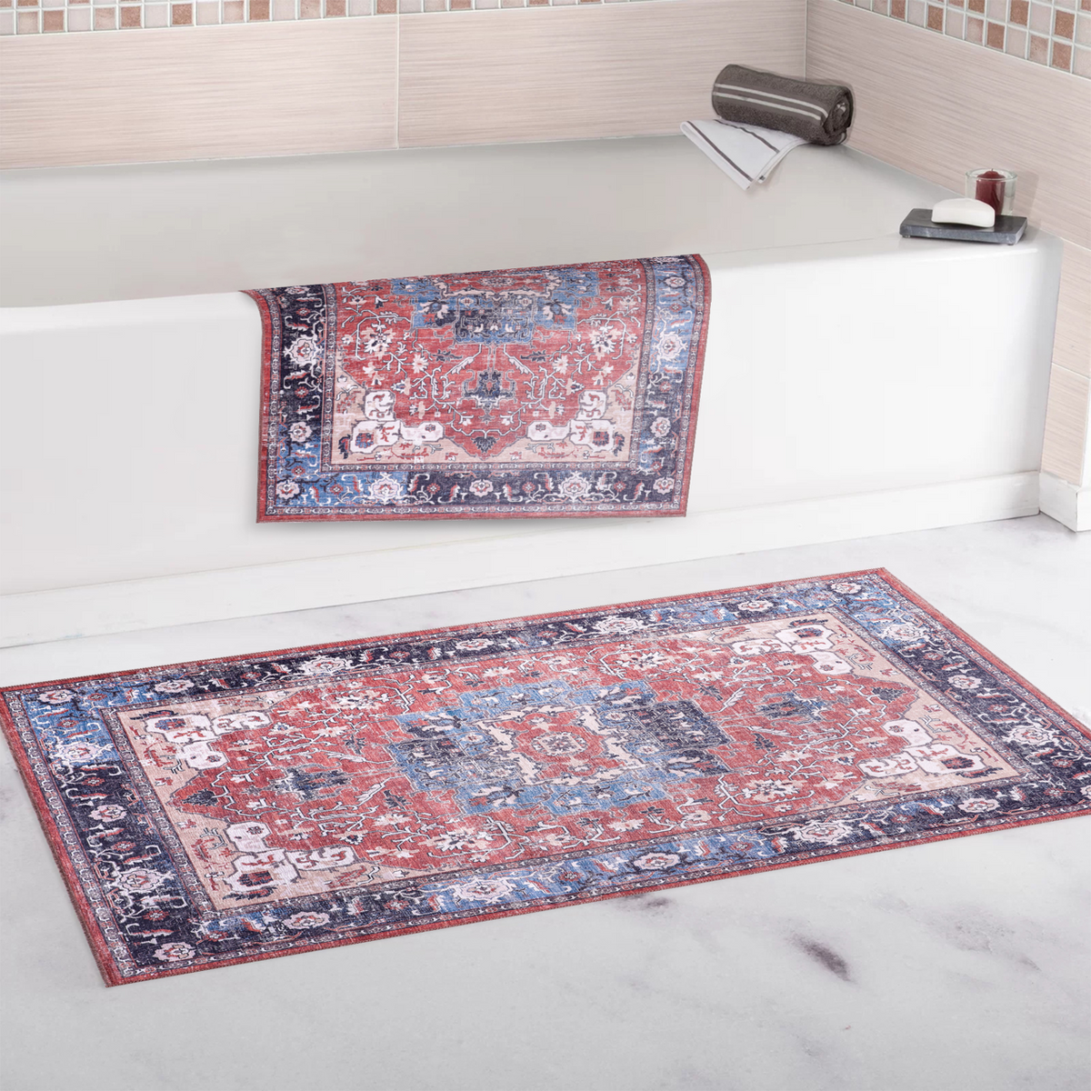 Tapis Géométrique Vintage Bordeaux Lavable Hermine, vue 3
