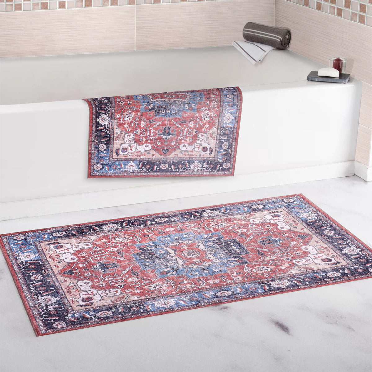 Tapis Géométrique Vintage Bordeaux Lavable Hermine, vue 4
