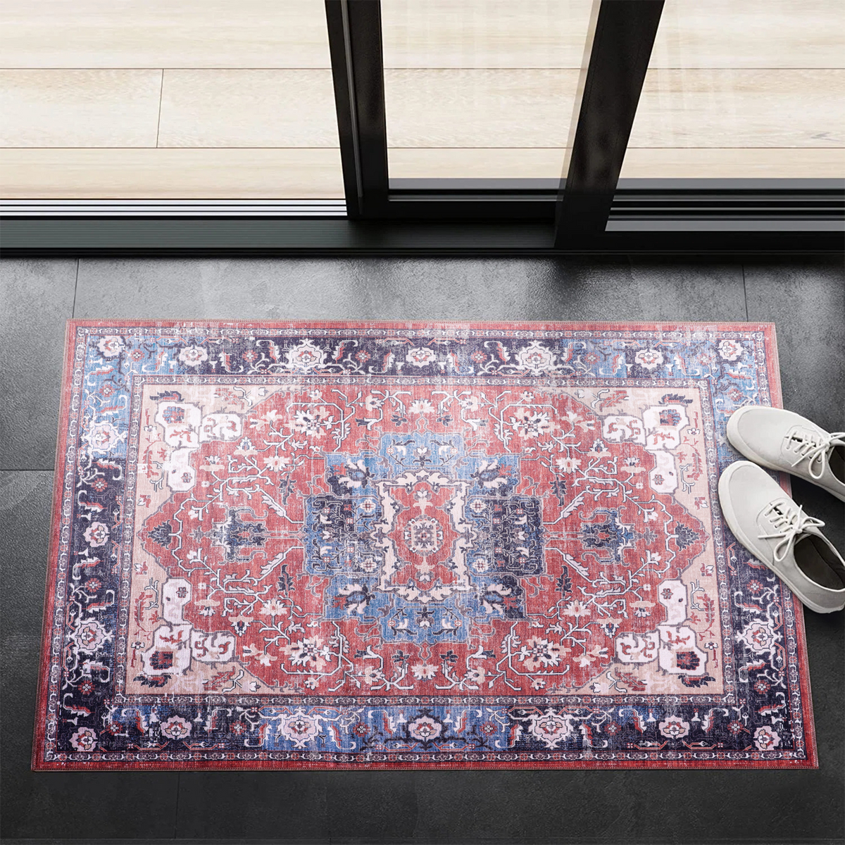Tapis Géométrique Vintage Bordeaux Lavable Hermine, vue 5