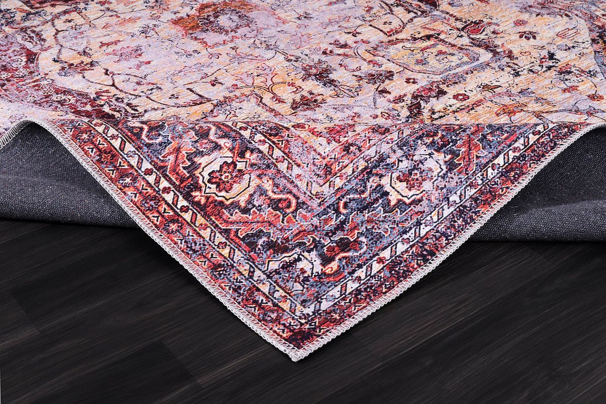 Détail du motif du tapis vintage bordeaux lavable Noémie