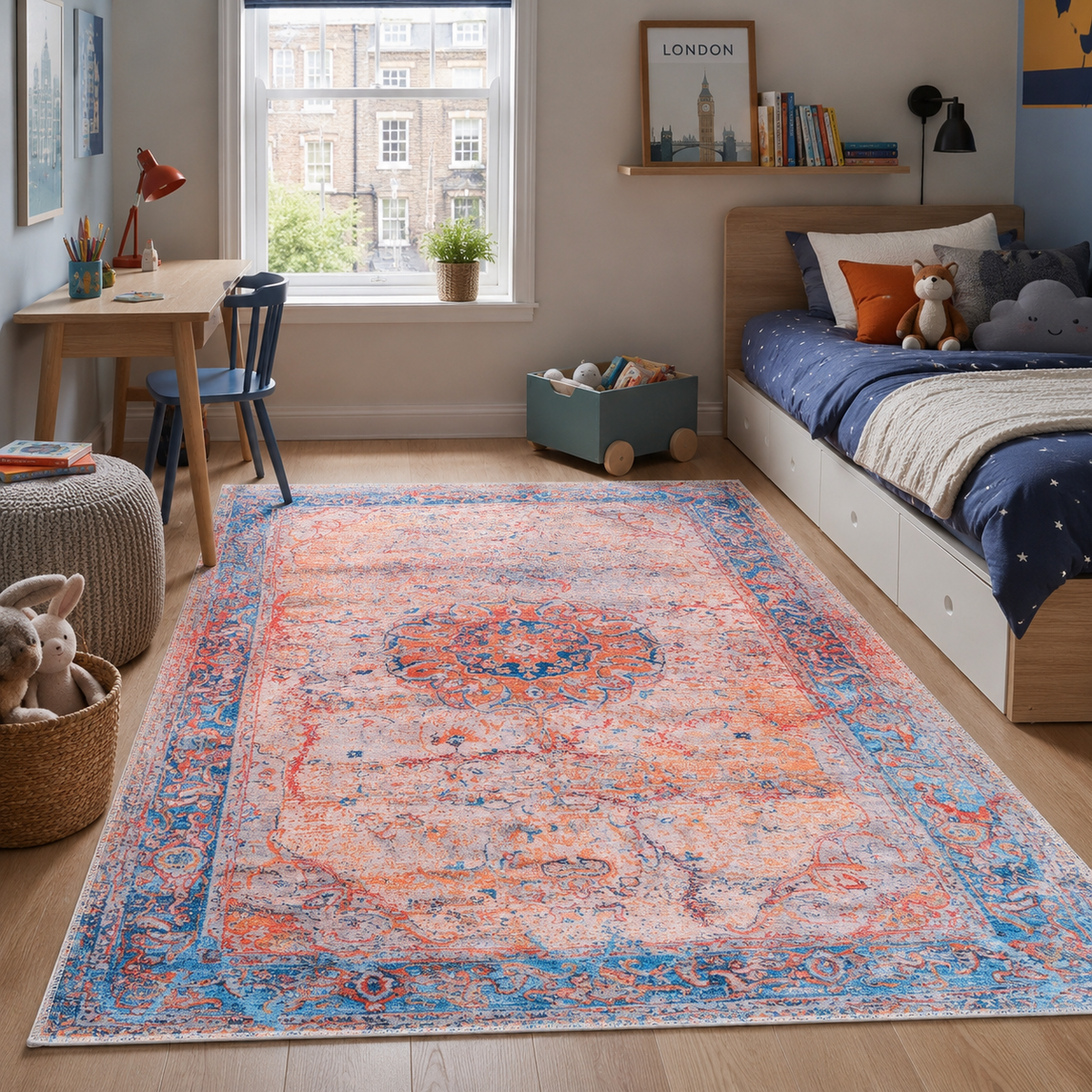 Tapis Classique Vintage Bleu Marine Lavable Isaure, vue 12
