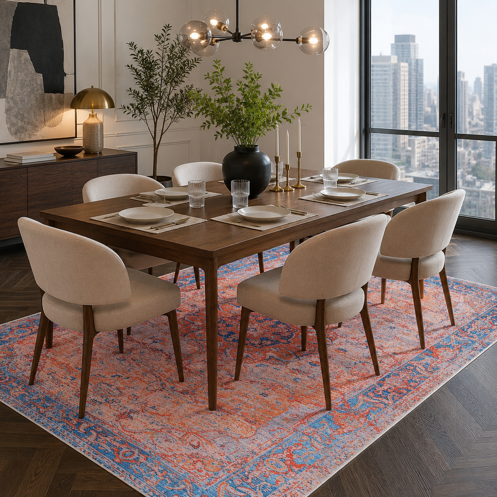 Détail du motif du tapis classique vintage bleu marine lavable Isaure