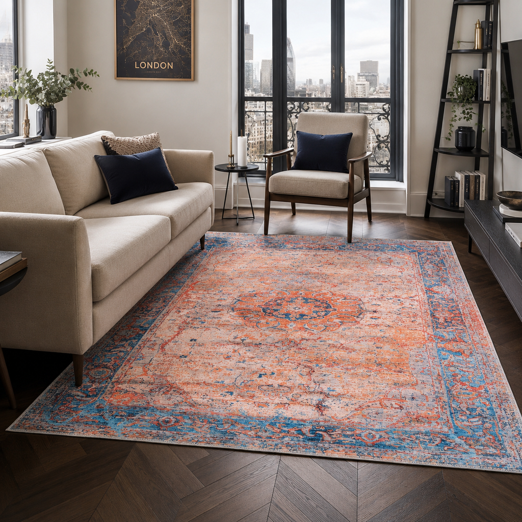Tapis Classique Vintage Bleu Marine Lavable Isaure, vue principale