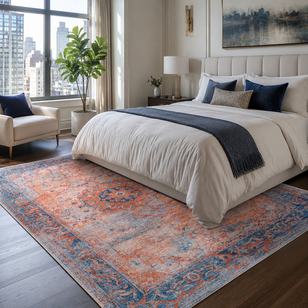 Tapis Classique Vintage Bleu Marine Lavable Isaure, vue 14