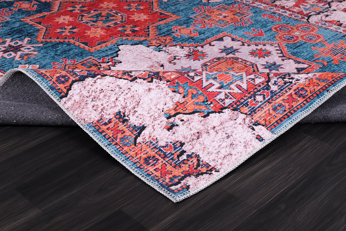 Détail du motif du tapis classique vintage bordeaux lavable Élina